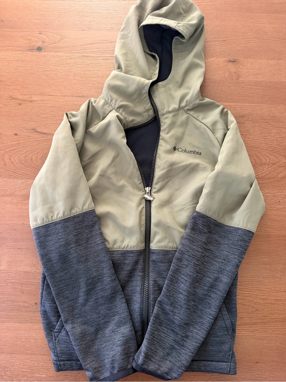 Columbia Youth Size 10/12 Hooded Fleece Lined Jacket Green Gray Full Zip Kids